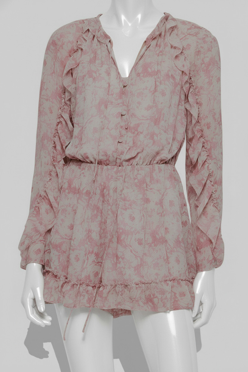 AllSaints Women’s Pink Flora Rosa V-Neck Ruffle Long-Sleeve Romper Size 10