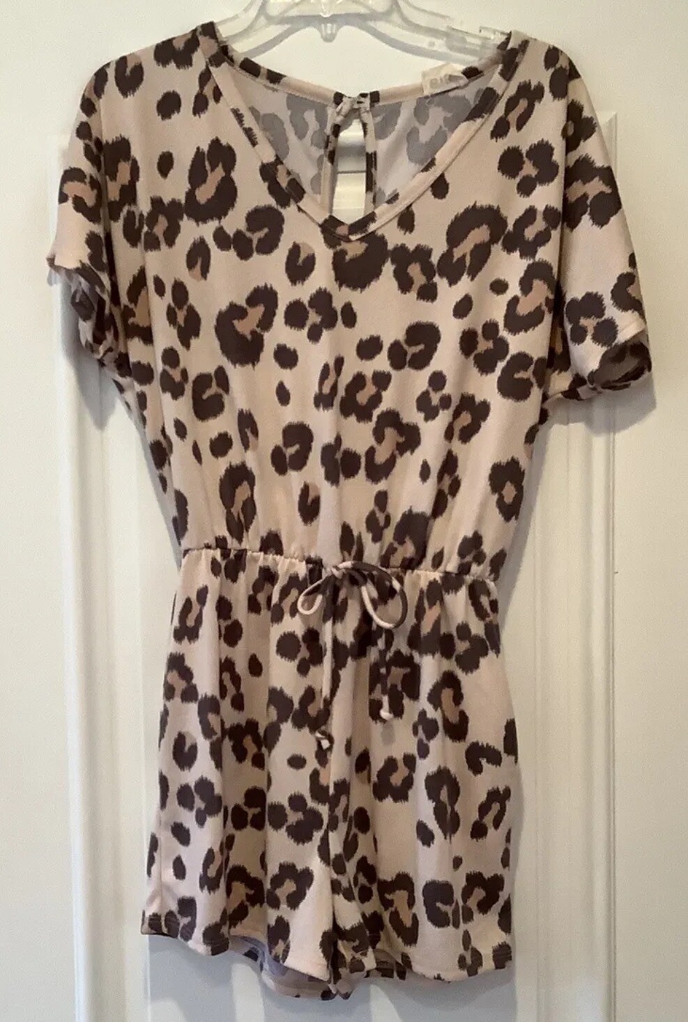 Bibi L Beige and Brown Leopard V Neck Cinch Waist Keyhole Back Romper Shorts