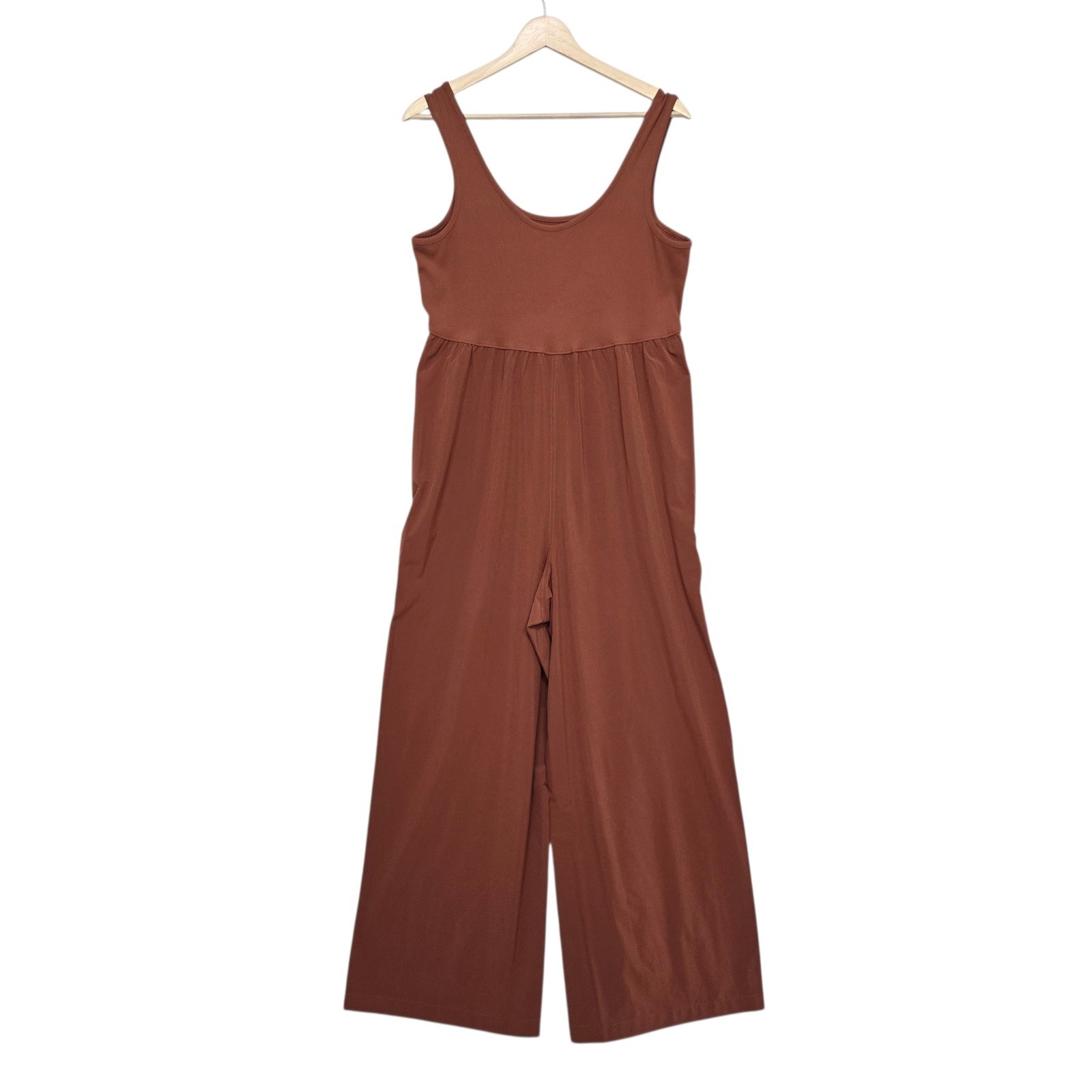 Athleta Womens Terracotta Brown Ribbed Wide Leg Sleeveless Jumpsuit Pockets S