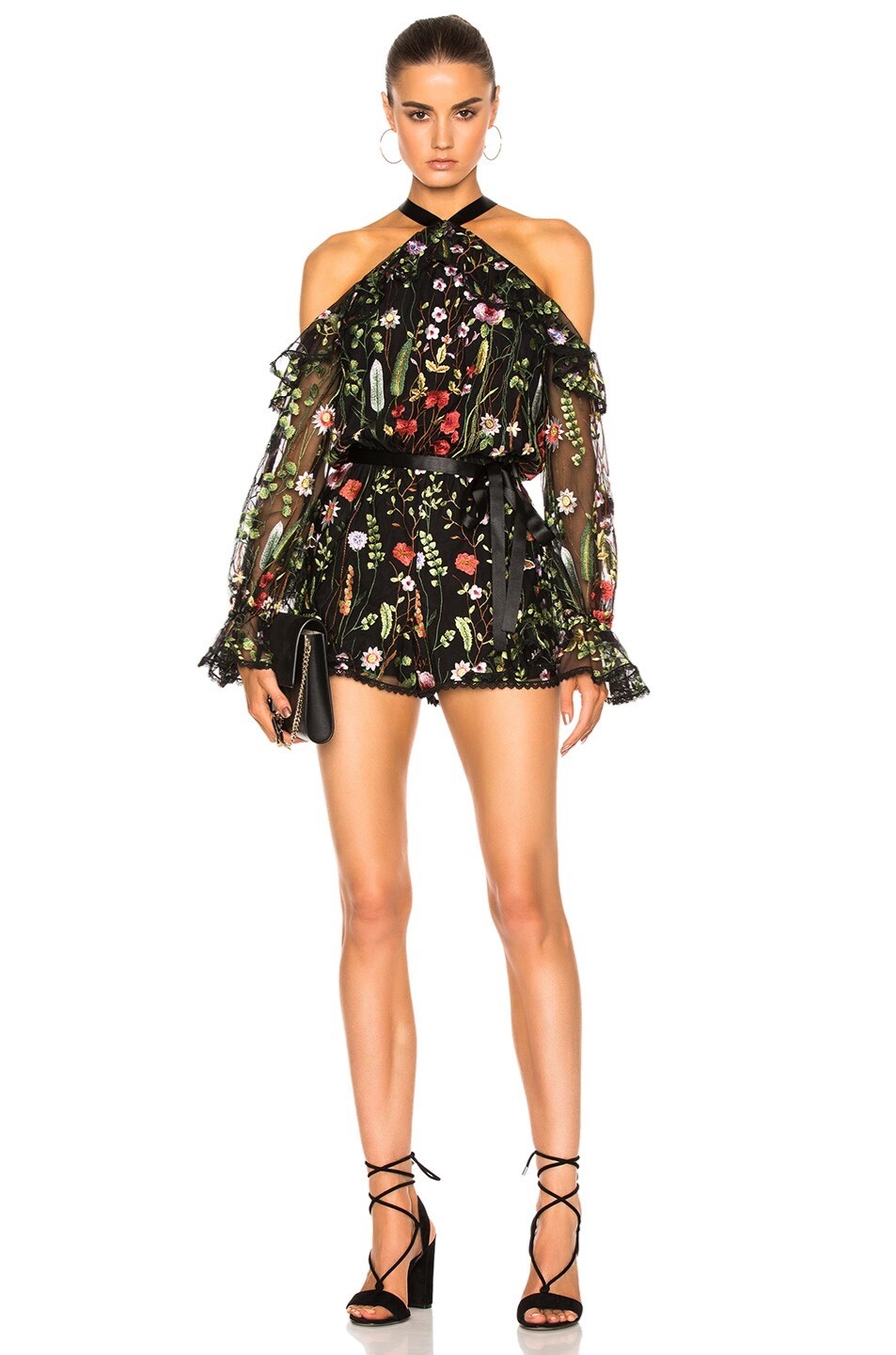 $539 ALEXIS “Brenna” Floral off-shoulder long sleeve Romper – Black Garden – S