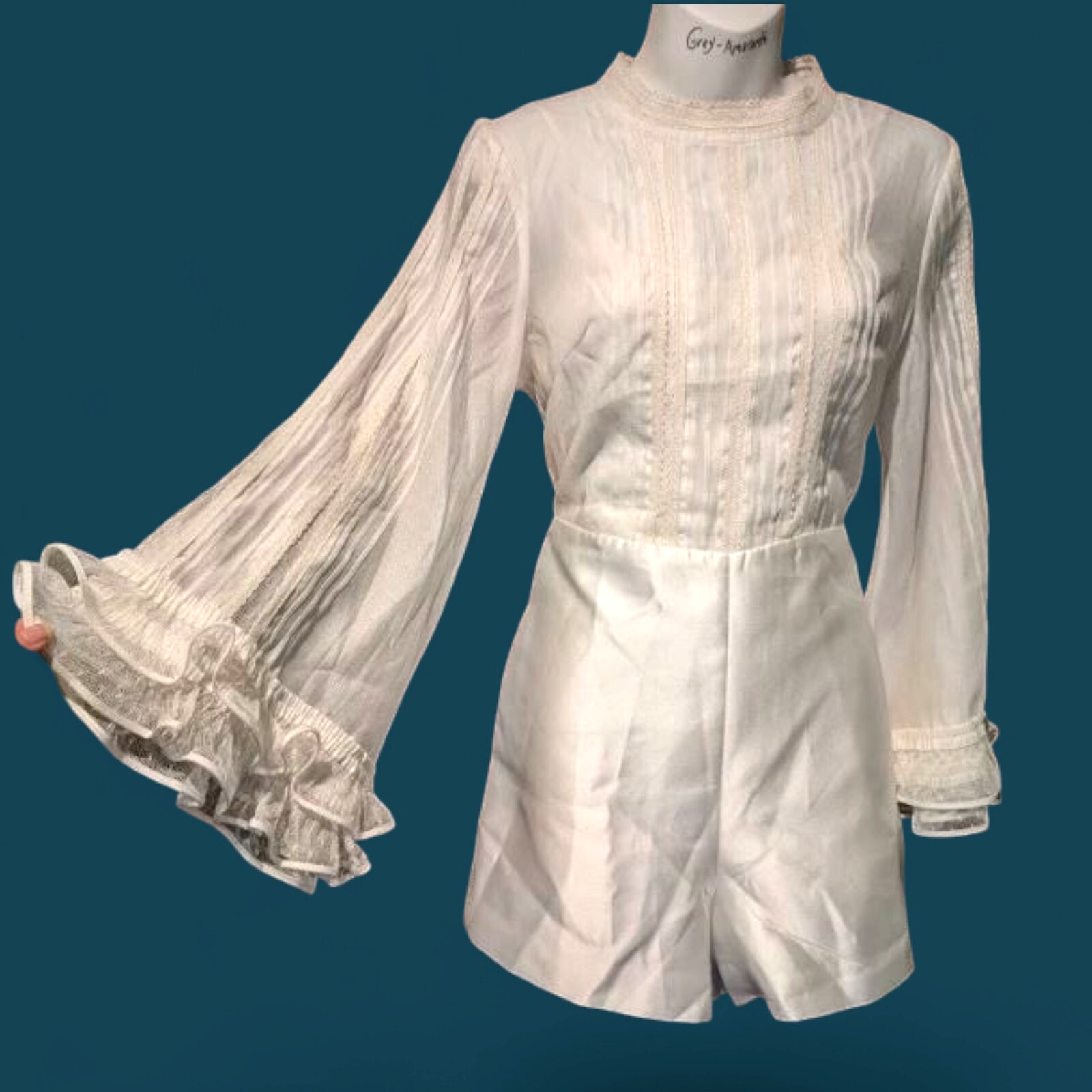 JORYA white & ivory lace victorian edwardian prairie jumpsuit romper blouse 6 4E