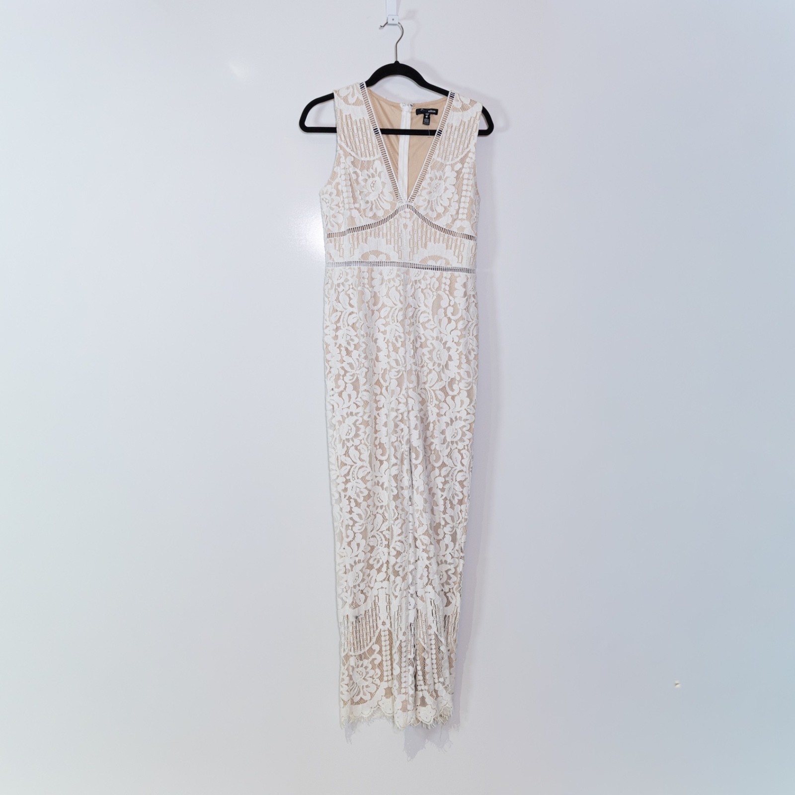 Aqua Women’s Allover White Ivory Lace Nude Overlay Full Length Jumpsuit Jumper S