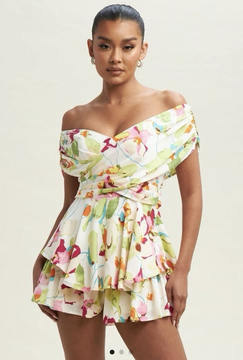 Luxxel Women’s Floral Romper Off The Shoulder Ivory Multi Small Resort Wear NWT