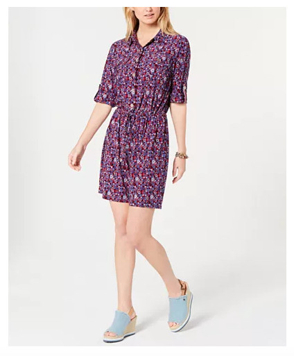 Tommy Hilfiger Romper L Button Blouson Fit Blue Florals Tab Sleeves New