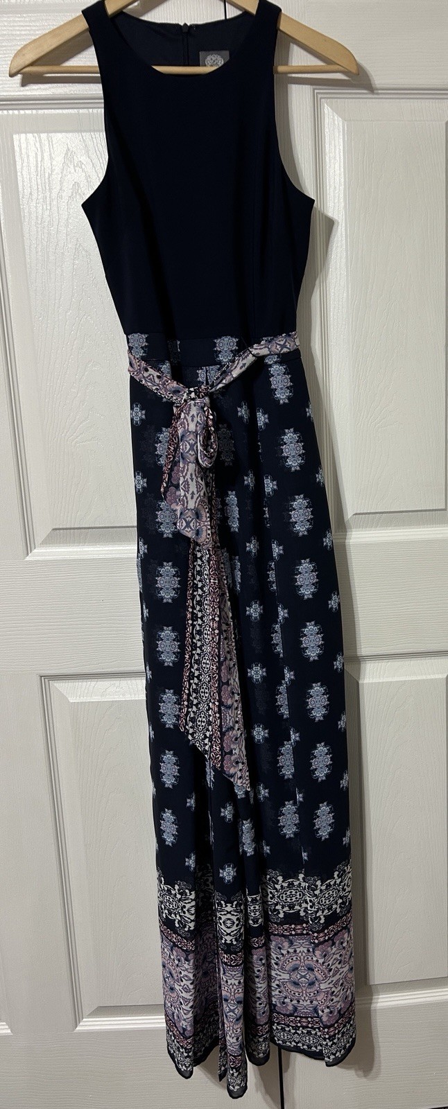 Vince Camuto Women’s Navy Blue Floral Jumpsuit Wide Leg Belted Sleeveless Size 2