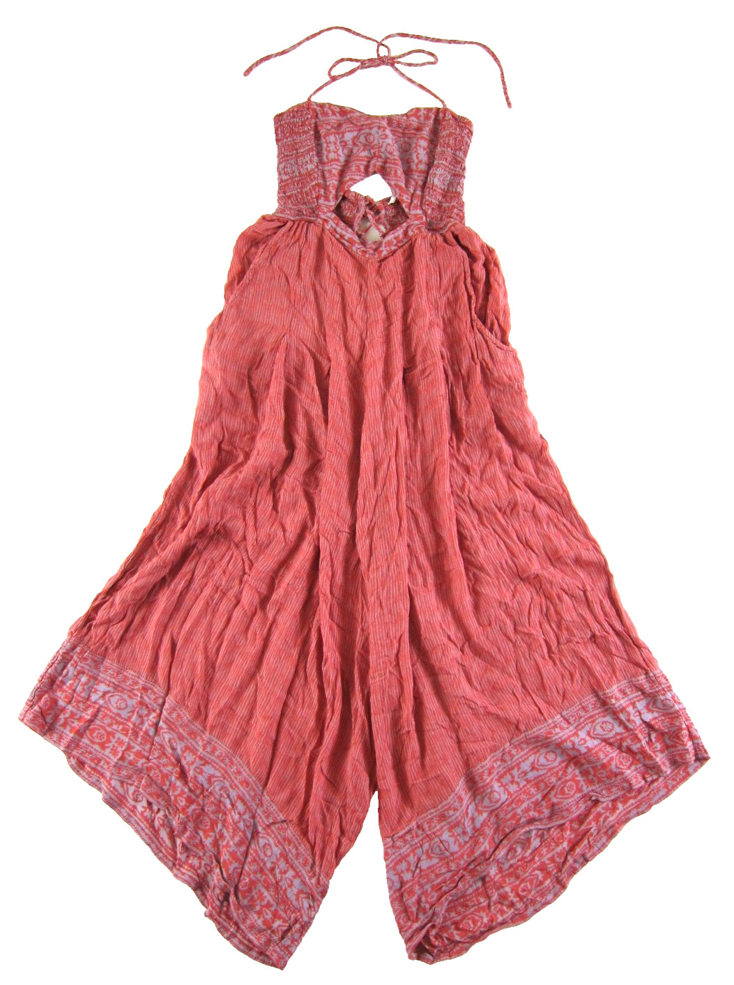 Free People Pink Bali Floral Stripe Rayon Pocket Wide Leg halter Jumpsuit Large