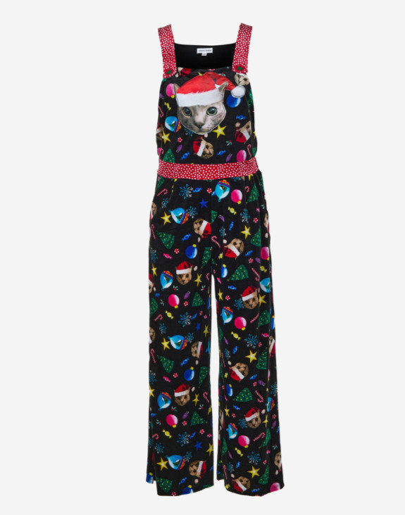 Love On A Hanger Women’s Overalls Christmas Kitty Cat Velour Size L NWT