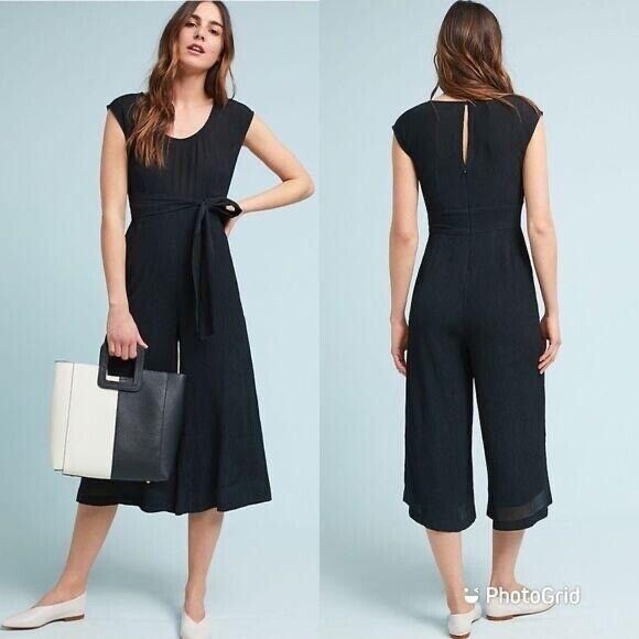 By Anthropologie Abbey Wide Leg Cropped Tie Waist Belted Jumpsuit Size 4 Pockets