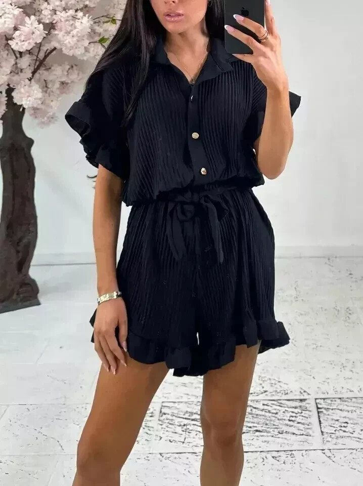 Women Playsuit Belted Pleated Collard Smock Gold Button Frill Shirt Ladies Dress