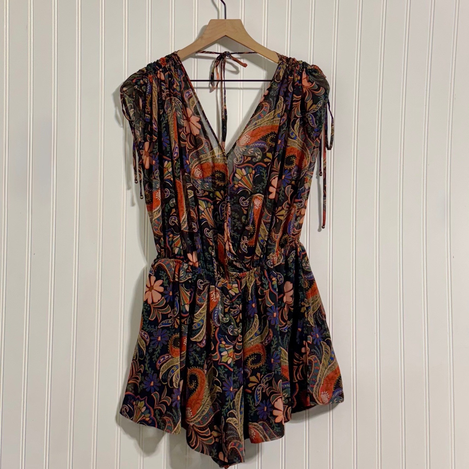 VICI Dolls Romper Women Large Paisley Print Lined Boho Wrap Front Tie Shoulder