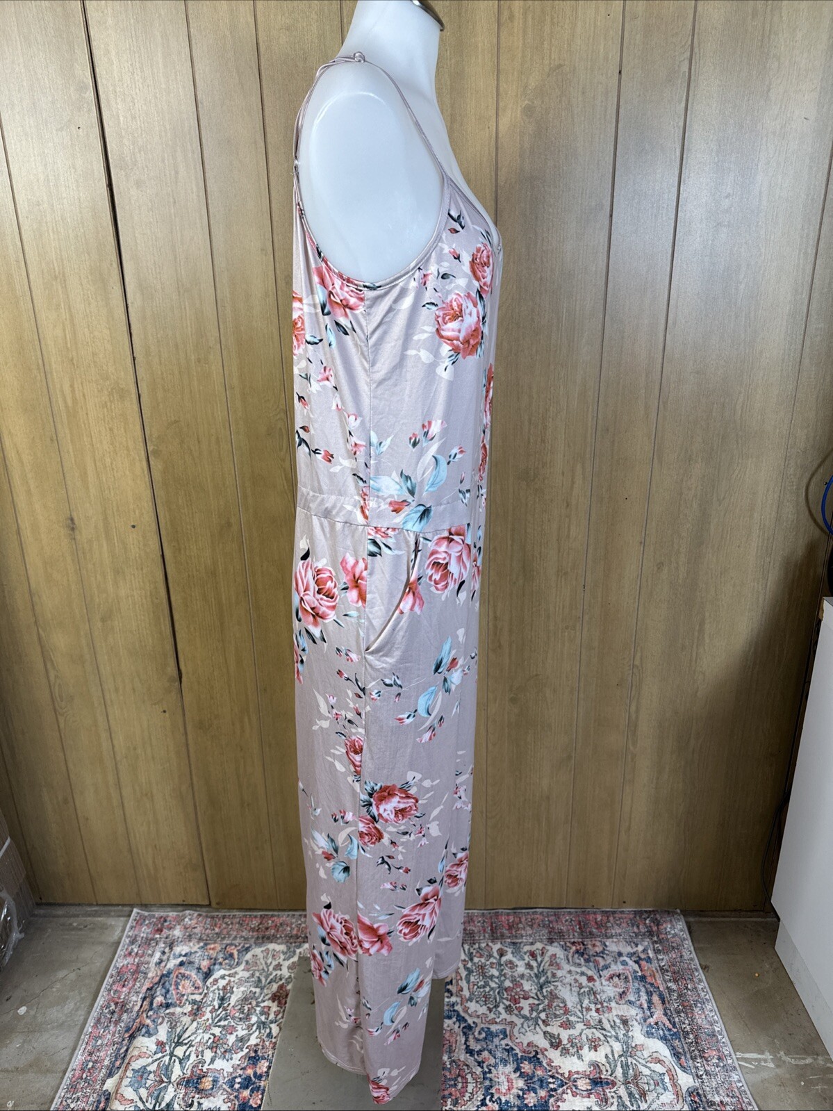 Floral Loungewear Jumpsuit Pockets Adjustable Straps beige pink