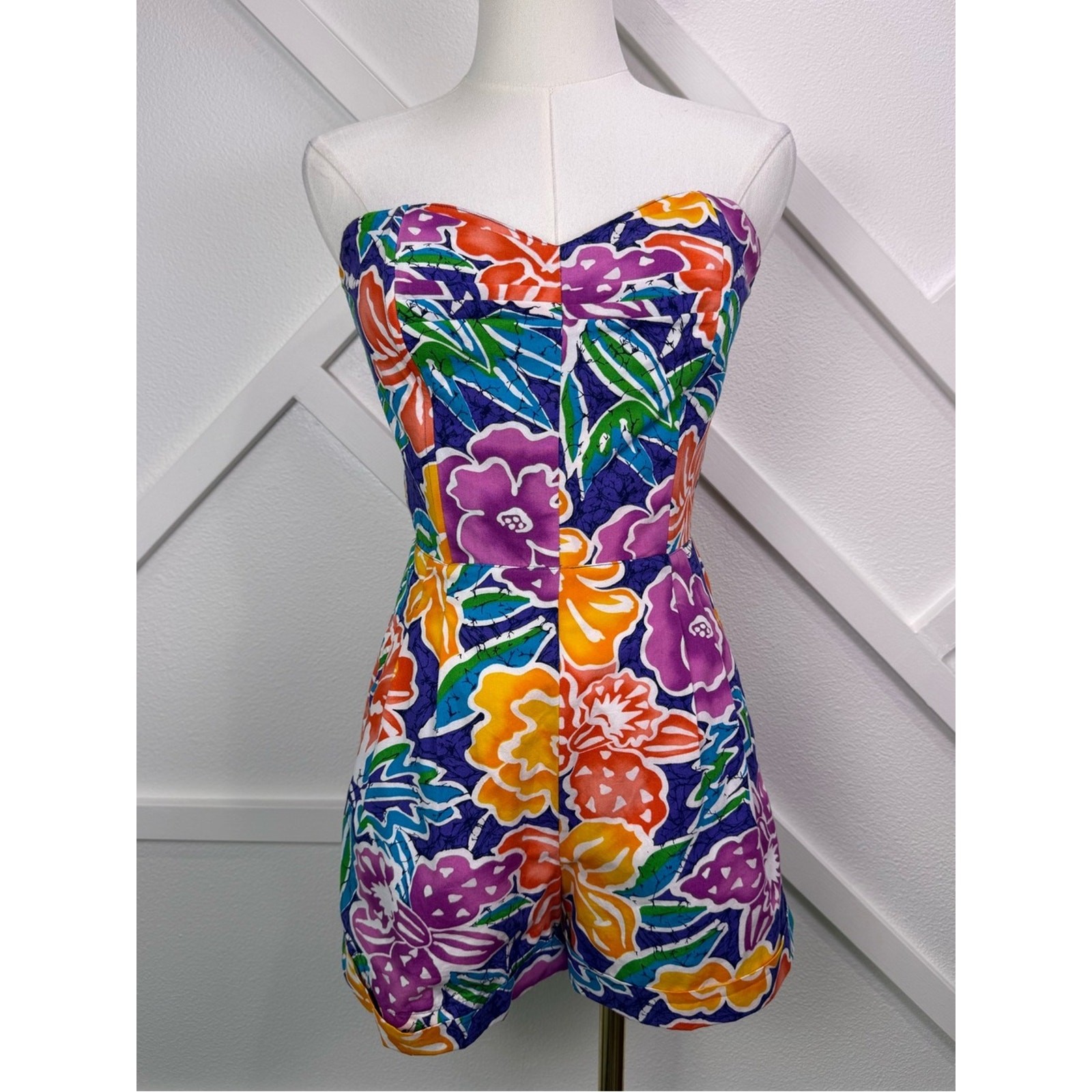 Vintage 80s Liz Sport Strapless Hawaiian Romper Floral Corset Boning Size 4