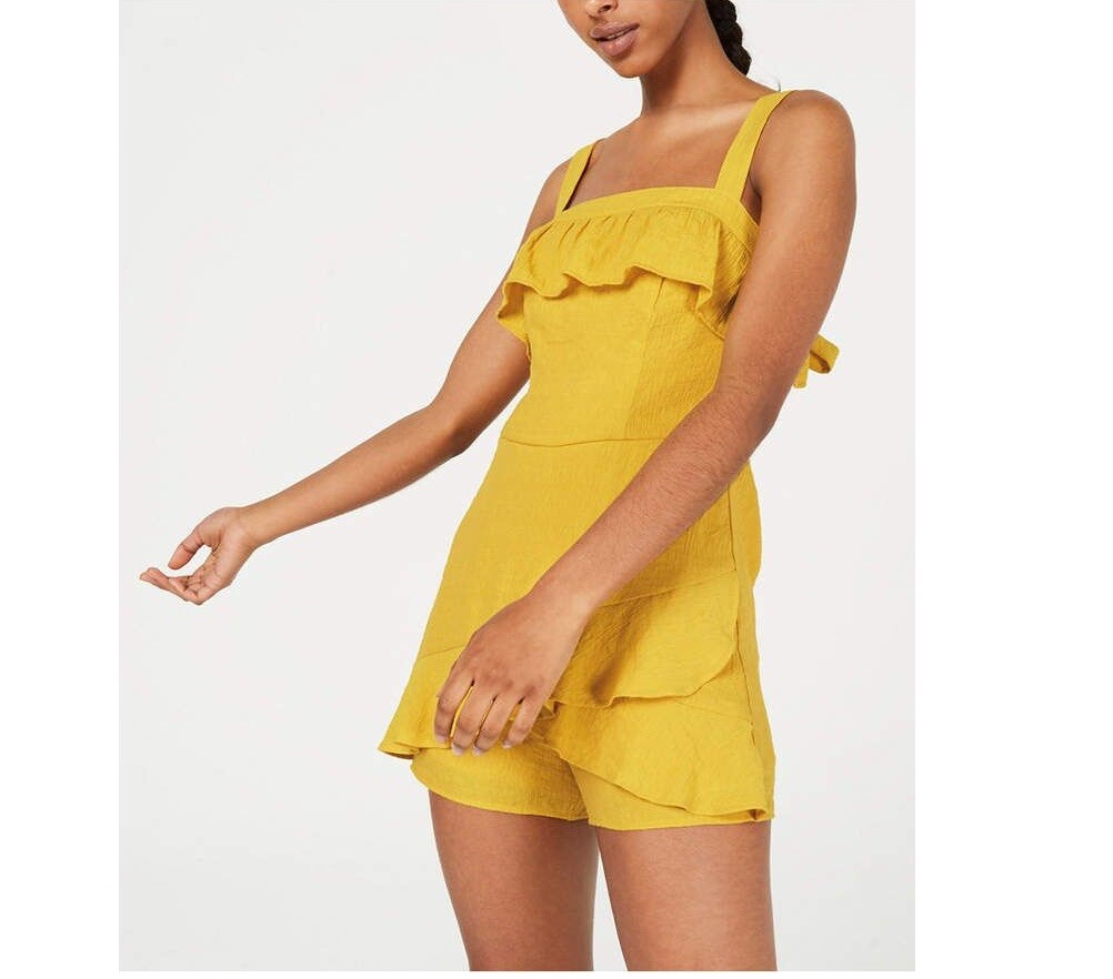 City Studio Junior Womens 1 Mustard Sleeveless Ruffled Skort Bow Back Romper NWT