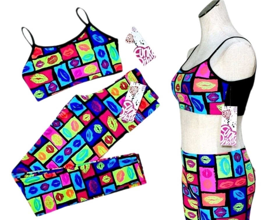 80s Retro Neon Kiss Fashionista Dance Legging Sport Bra Set Women’s M Funky Diva
