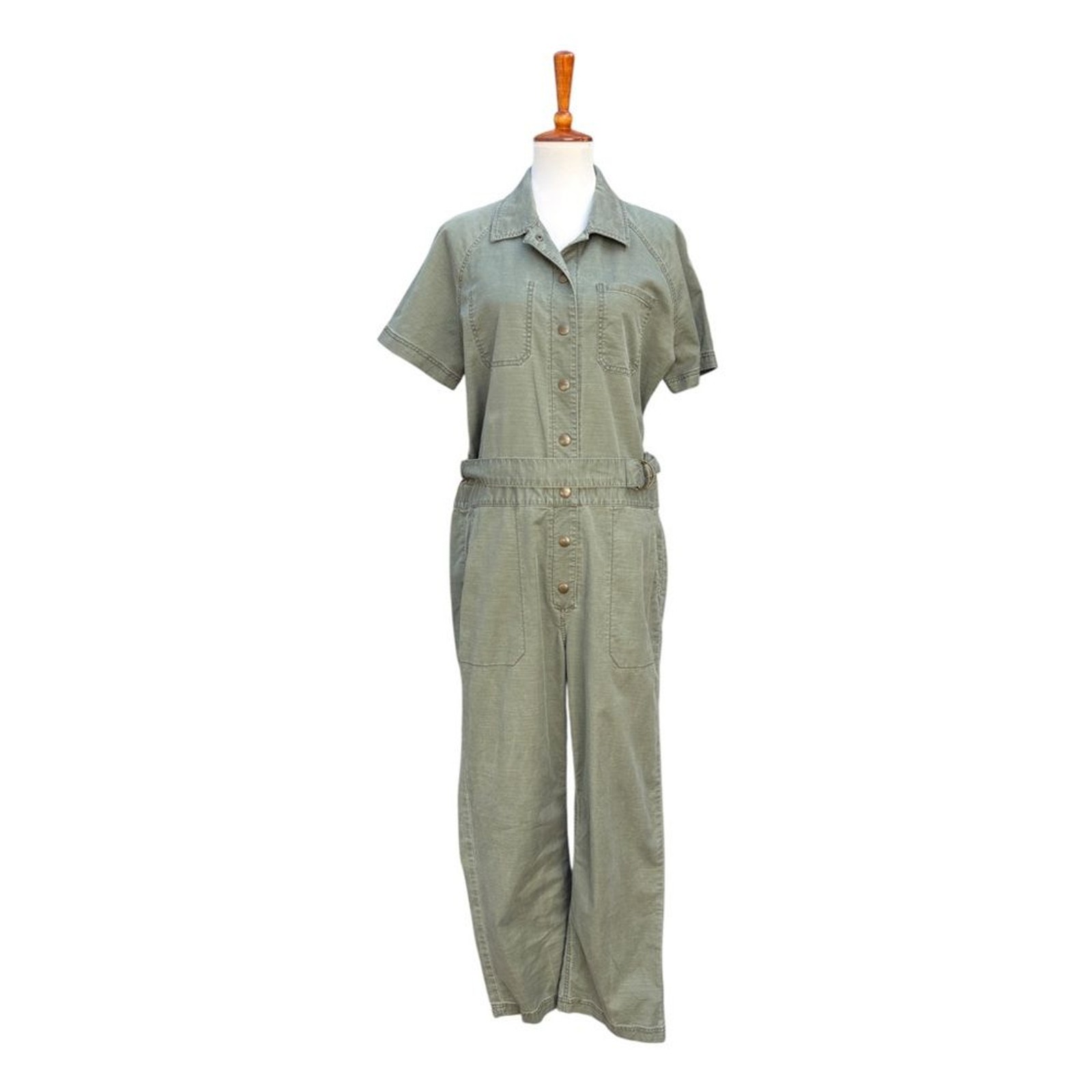LL Bean Women’s 14 Signature Cotton Blend Army Green Cropped Utility Jumpsuit