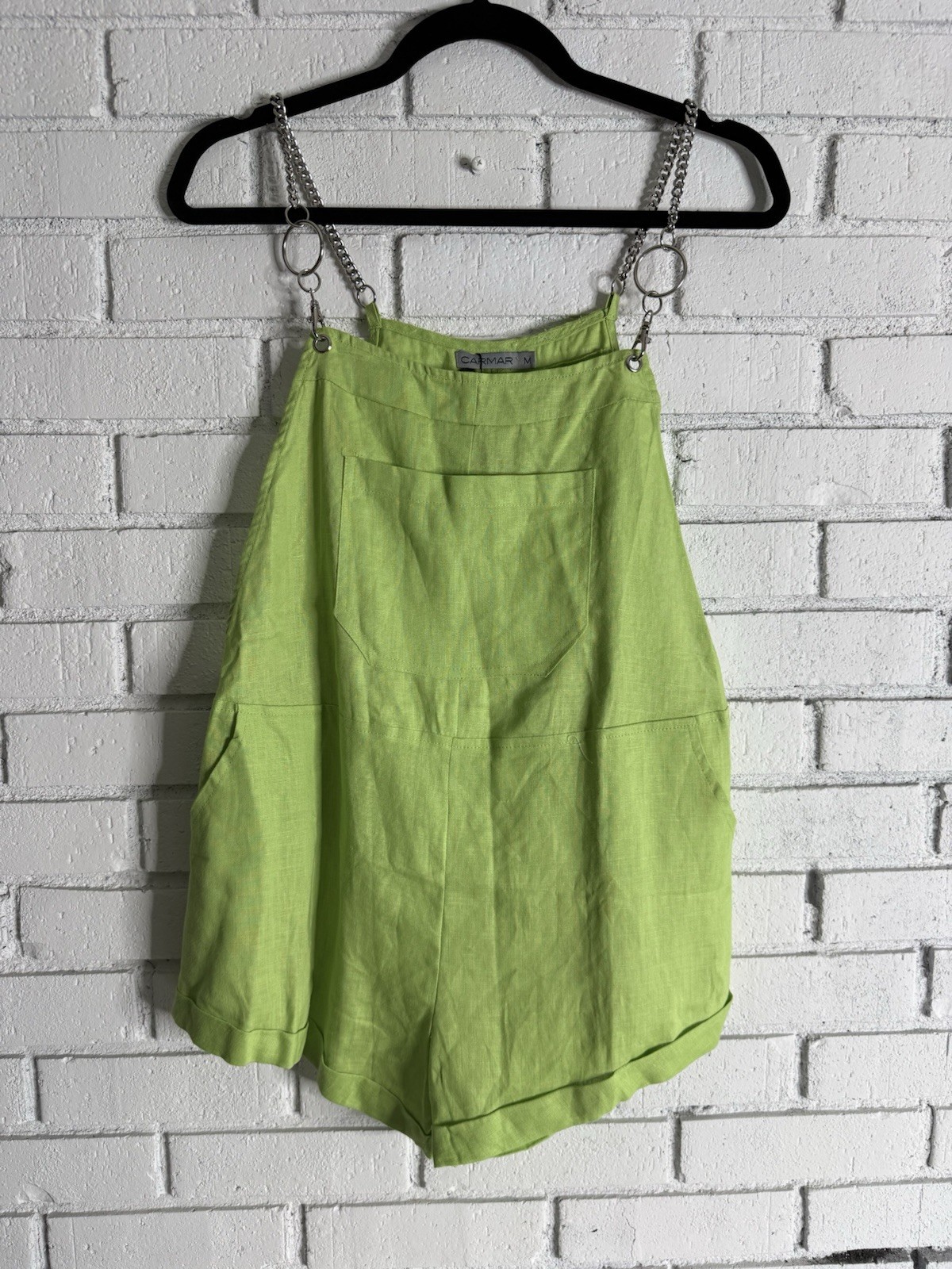 New CARMAR Lime Green 100% Linen Chain Strap Romper Shorts Women’s Medium NWT