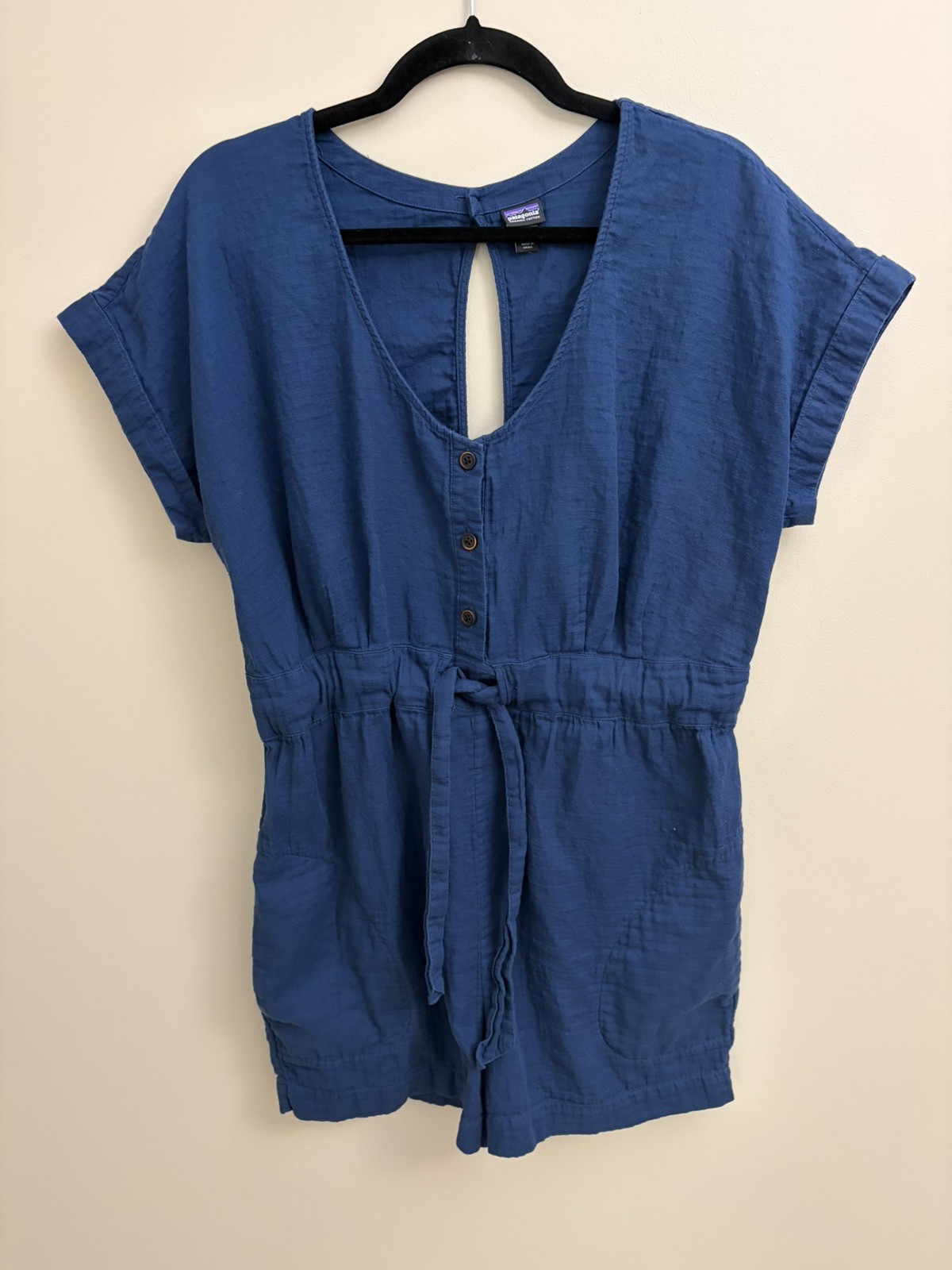 Patagonia 100% Organic Cotton Gauze Romper M Navy Tie Waist Casual Summer