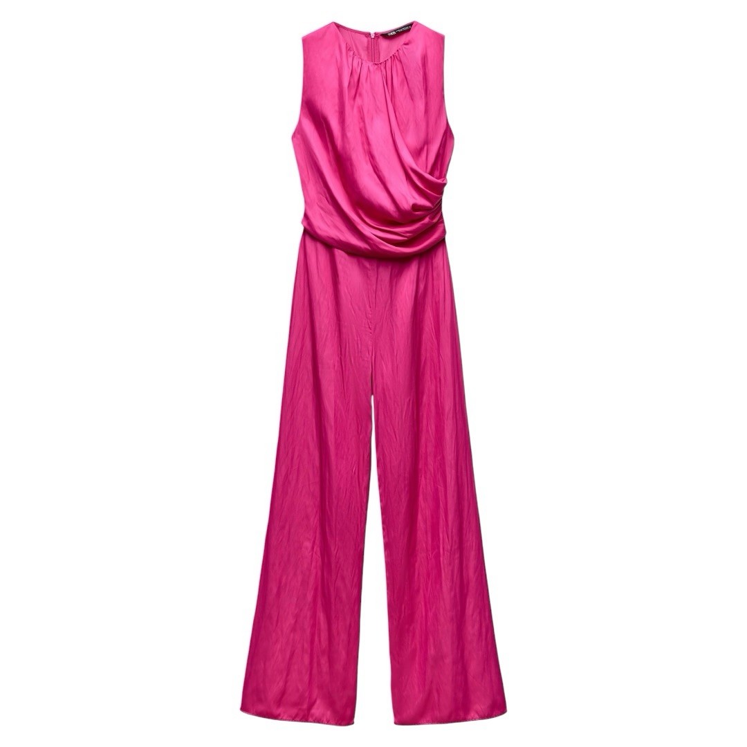 ZARA Fuchsia Satin Effect Wide Leg Jumpsuit Size M NWT
