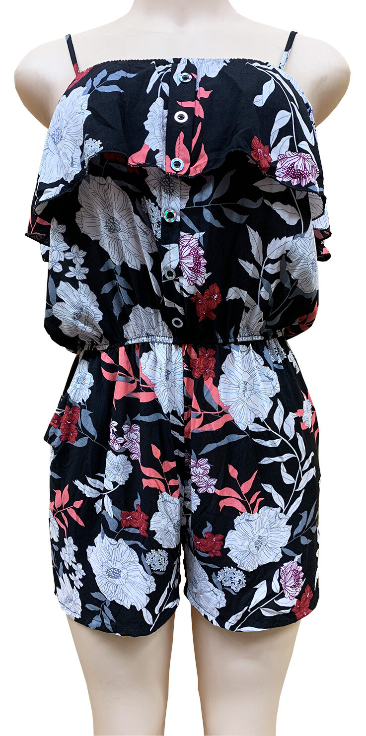 Women Jumpsuit Romper Holiday Summer Sundress Black Base Floral W/ Button XL