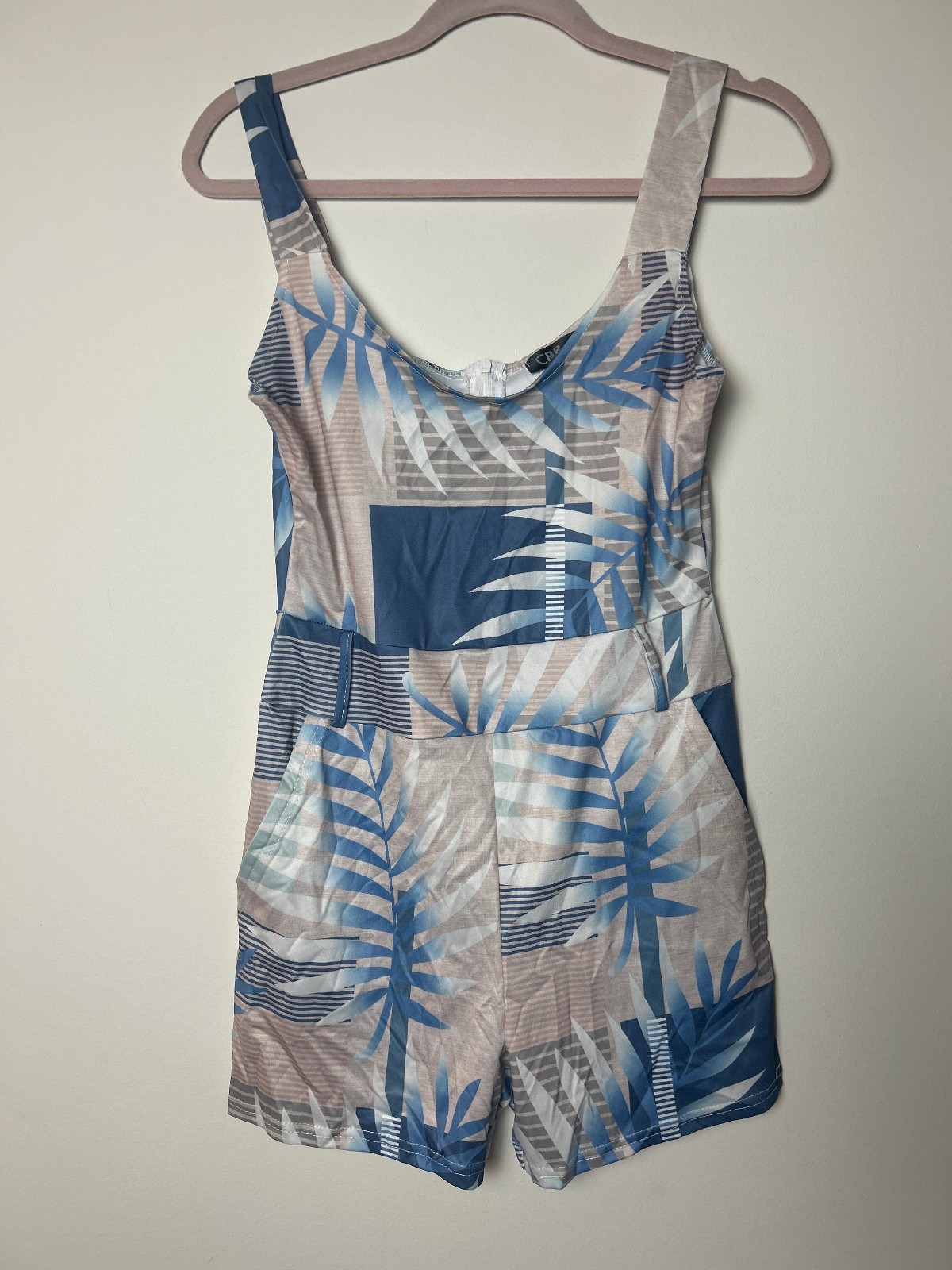 CBR Womens Romper NWT Medium Blue Tropical Leaf Print Sleeveless Belted Summer