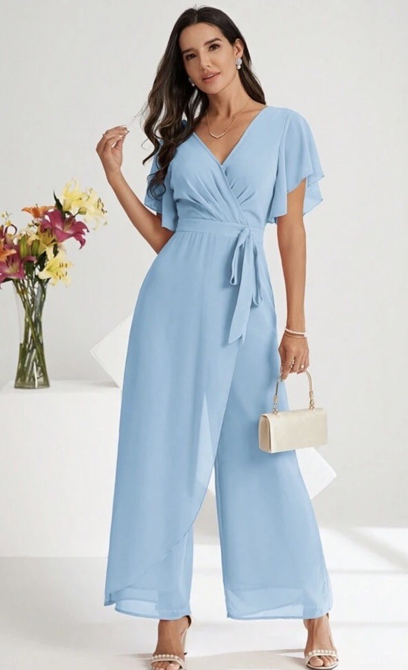 SHEIN Clasi Women Baby Blue Sz M, V-Neck Ruffle Loose Wide Leg Elegant Jumpsuit