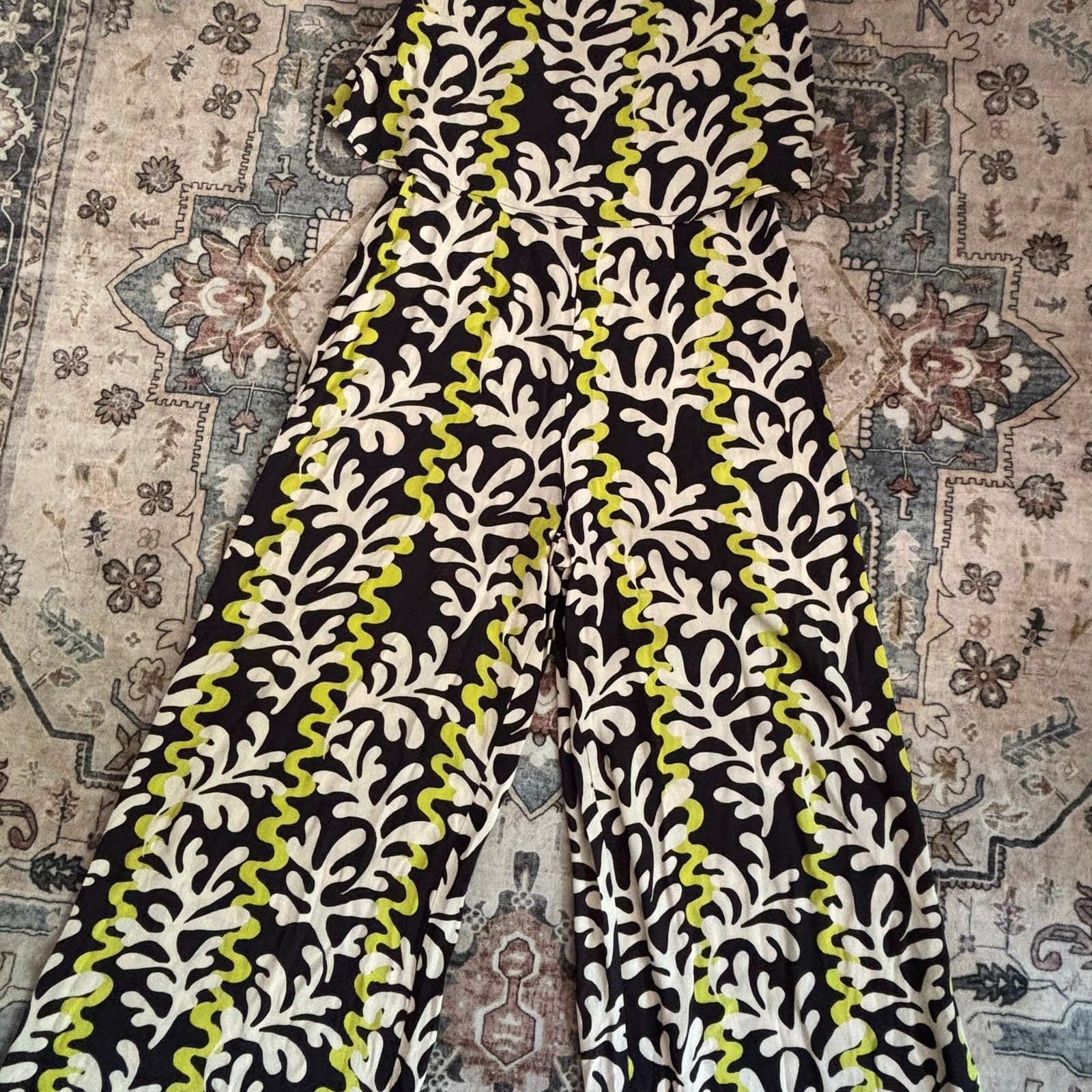 Phase Eight Abstract Print Wide Leg Jumpsuit Black Green Resort Vacay UK 10 US 6