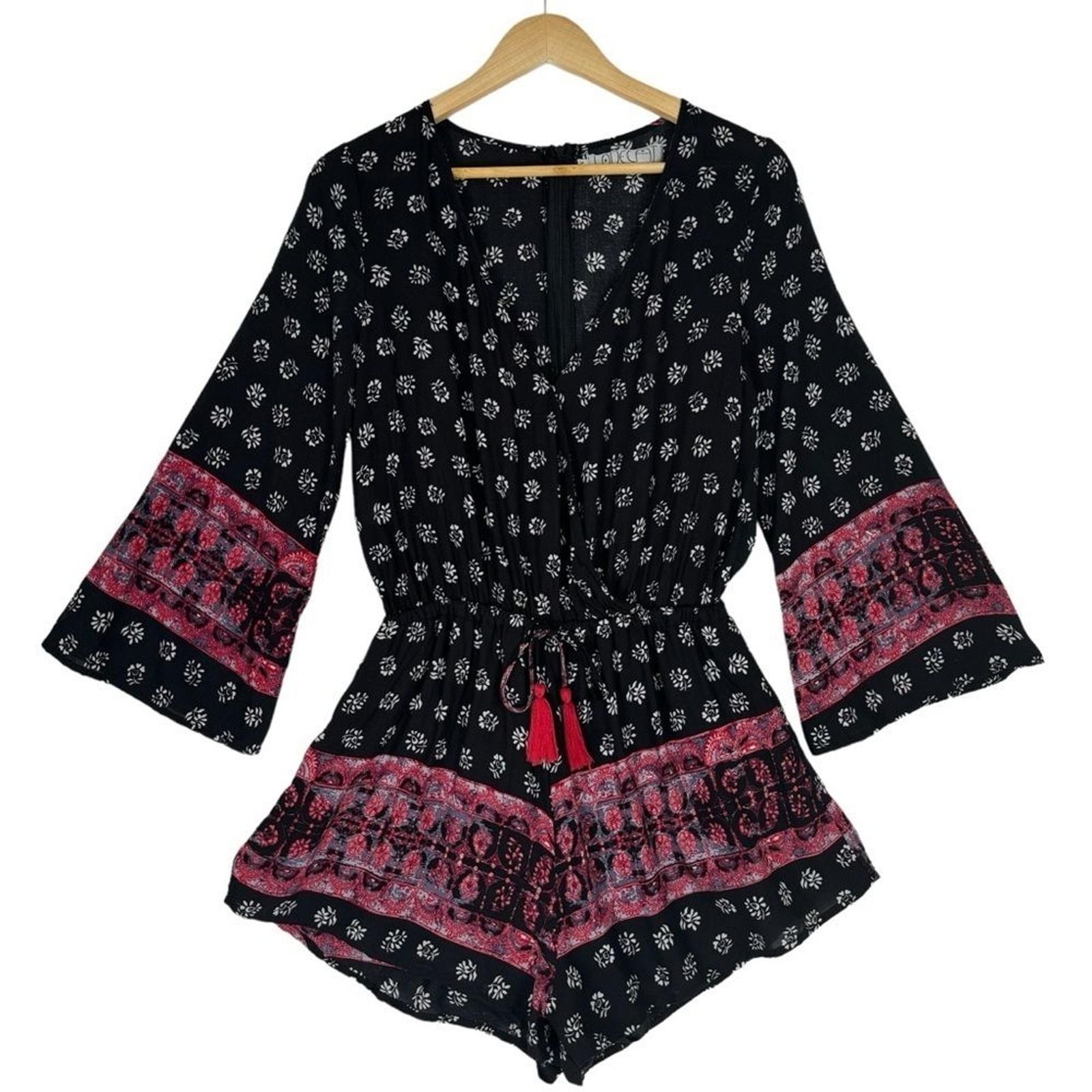 Women’s Long Sleeve Romper M Black Bell Sleeve Boho Hippie Festival Western
