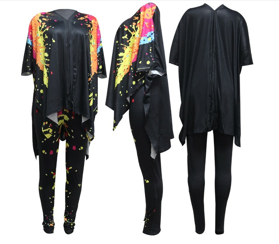 Women Gradient Print 2PC Set V Neck Split Long T-Shirt+ Pants Jogger Sweatpants