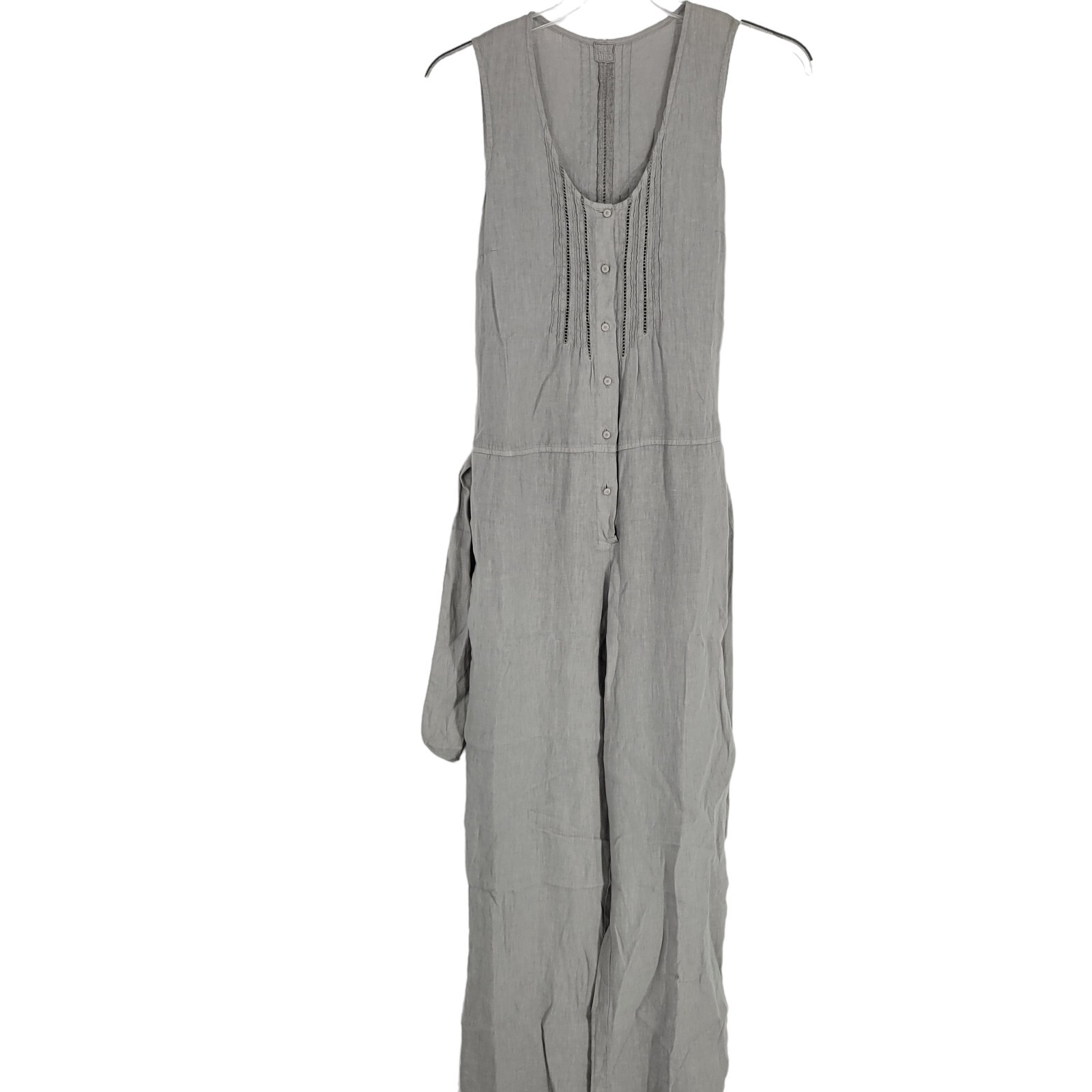 120% Lino 42/6 Linen Jumpsuit sleeveless Gray Scoop neck belted Lagenlook