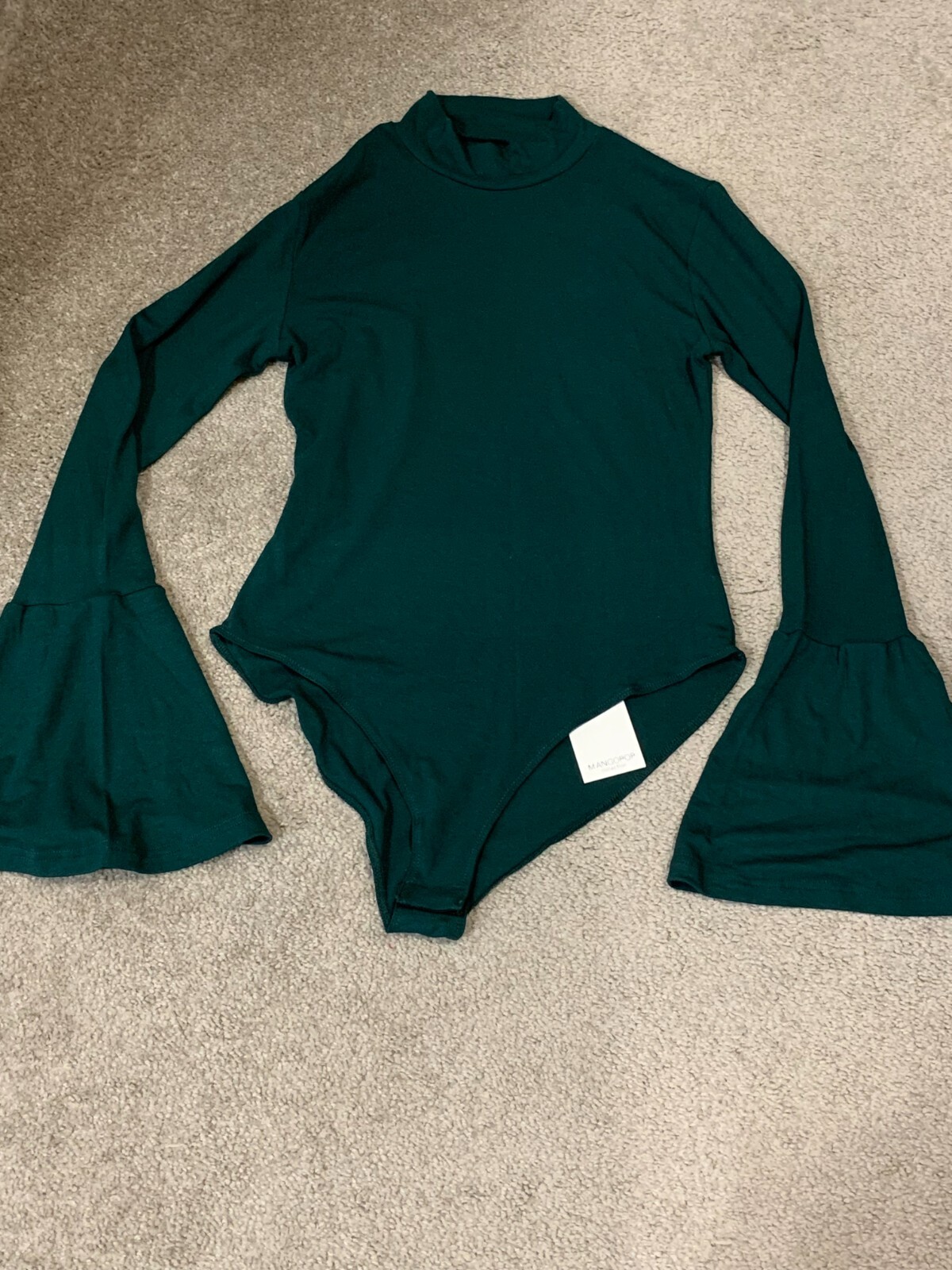 Mangopop Green Bodysuit Size M Bell sleeve High Neck Smooth Soft Classic NWT