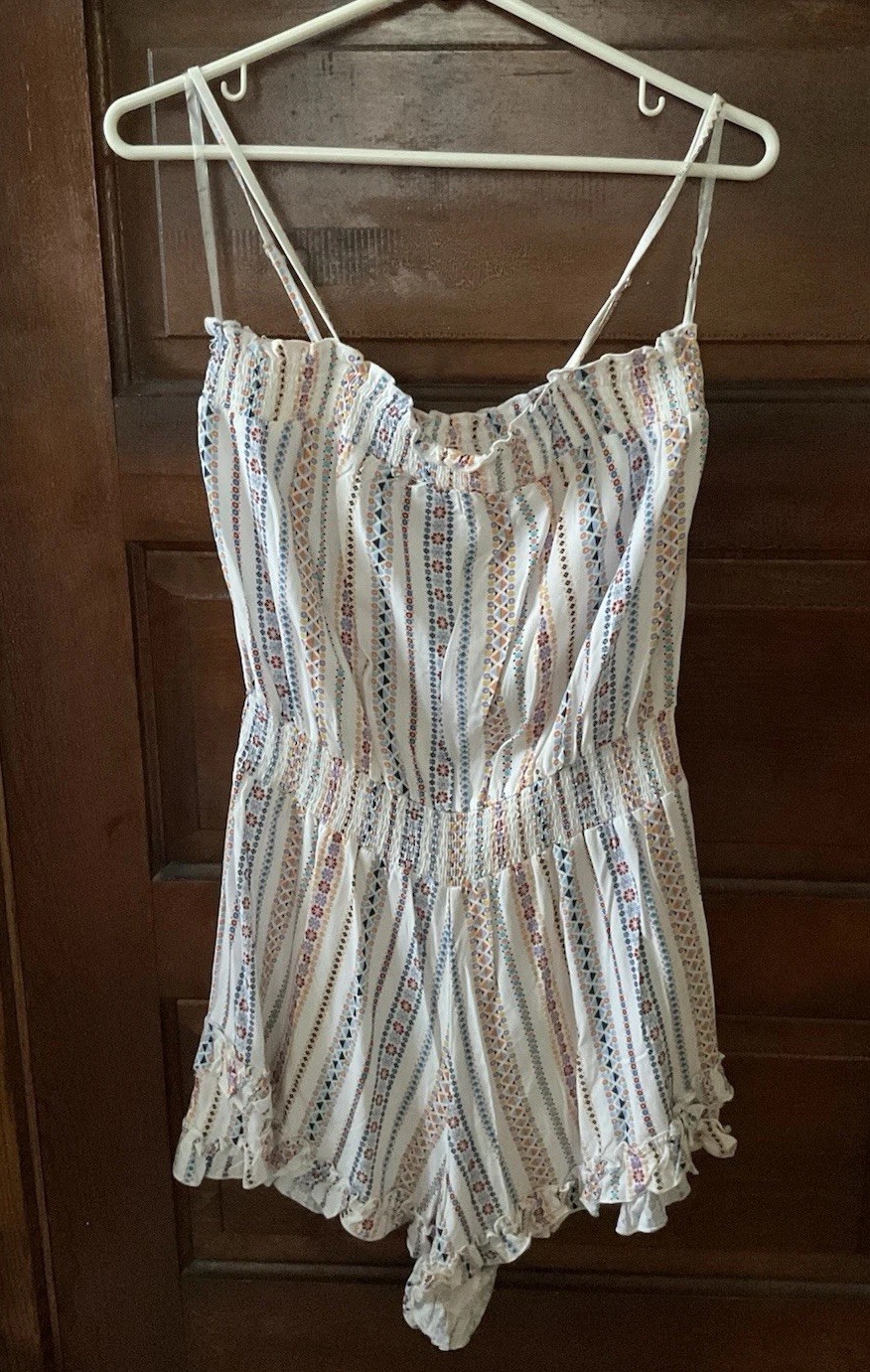NWT Jessica Simpson Romper M Boho Floral Stripe Smocked Waist Air