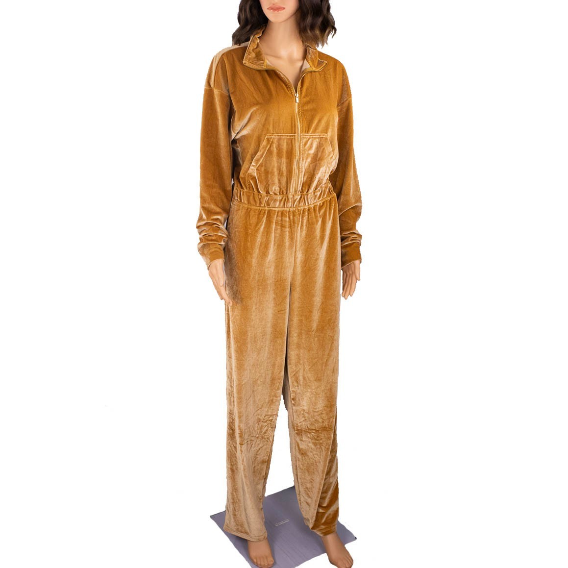 Fabletics Velvet Velour Zip Up Wide Leg Jumpsuit Gold Caramel Athleisure L