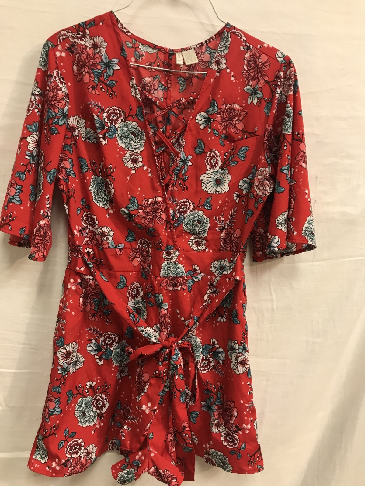 Japna Red Floral Romper Pockets Short Sleeve lined ziped medium