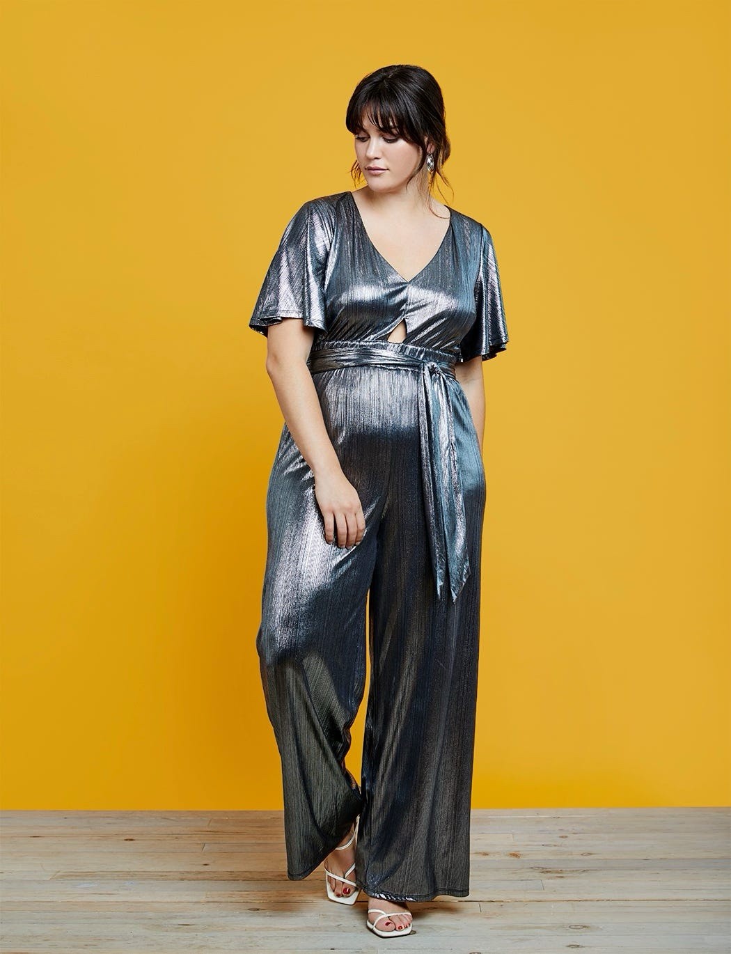 Refinery29 x ELOQUII Disco Hipster Party Silver Metallic V-Neck Jumpsuit R29 14