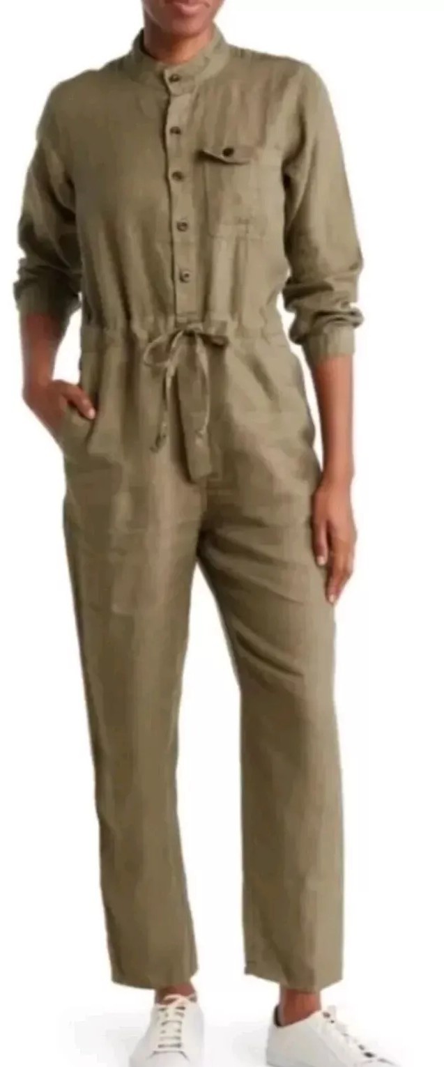 Alex Mill Jumpsuit Womens Small Olive Green Logan Linen Utility Drawcord Waist