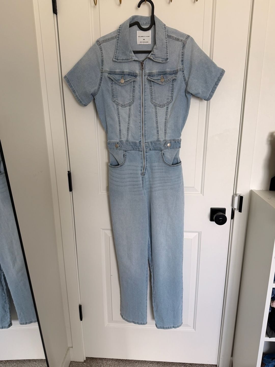 Celebrity Pink Zip-Front Short Sleeve Denim Jumpsuit