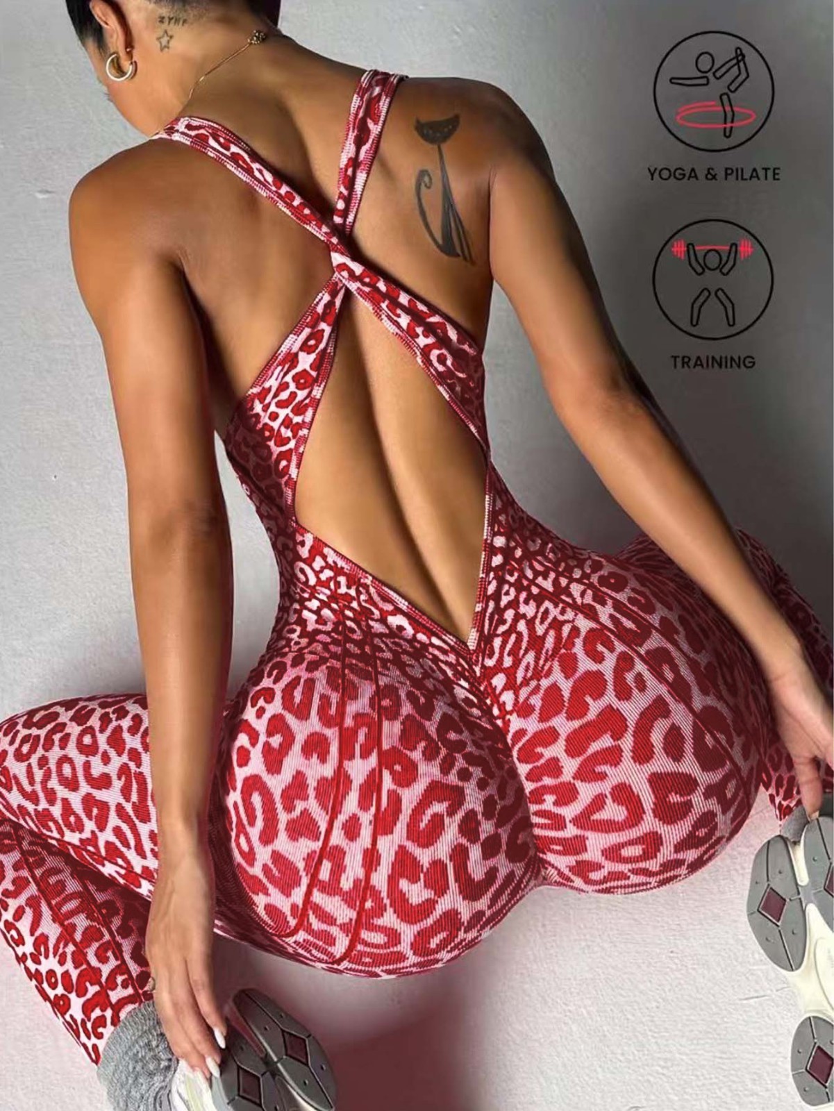 Women’s Cheetah Print Workout Jumpsuit V Neck Backless Scrunch Booty Yoga Romper