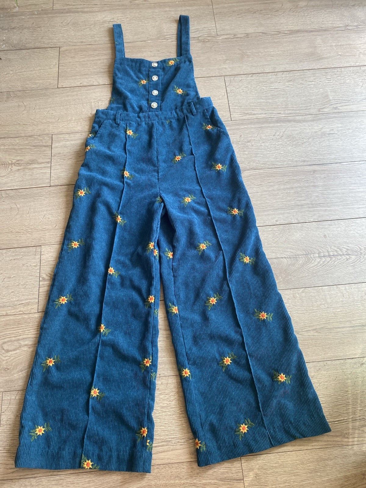 Cider Womens Greenish Blue Wide Leg Cord Dungarees Daisy Floral Print Size Large