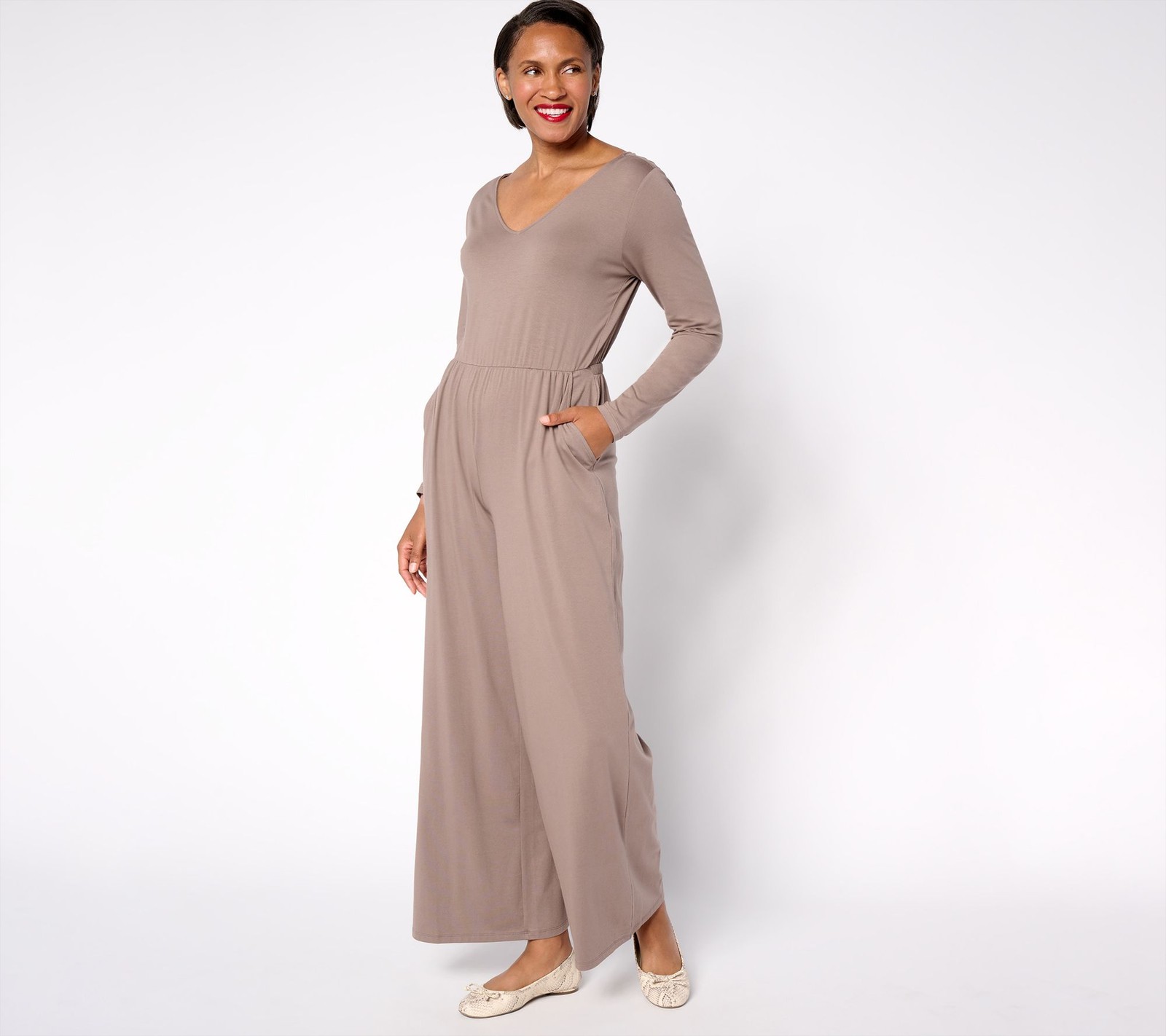 Anybody Regular Cozy Knit Long Sleeve V-Neck Jumpsuit Smokey Taupe 3X New