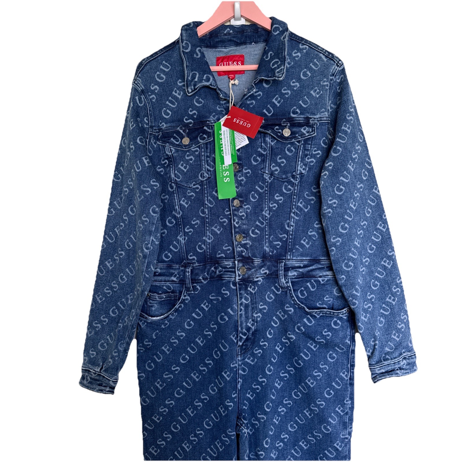 Guess Women Lorina Logo Denim Jumpsuit Medium Wash Blue Size XL NWT