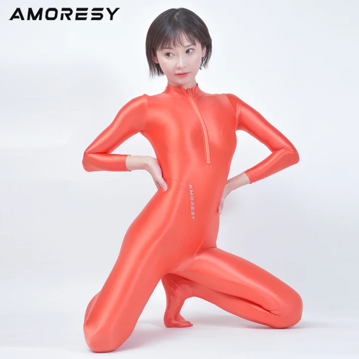 AMORESY Women Glossy Ultra-thin Onepiece Front Zip Jumpsuit Tight Catsuit Zentai