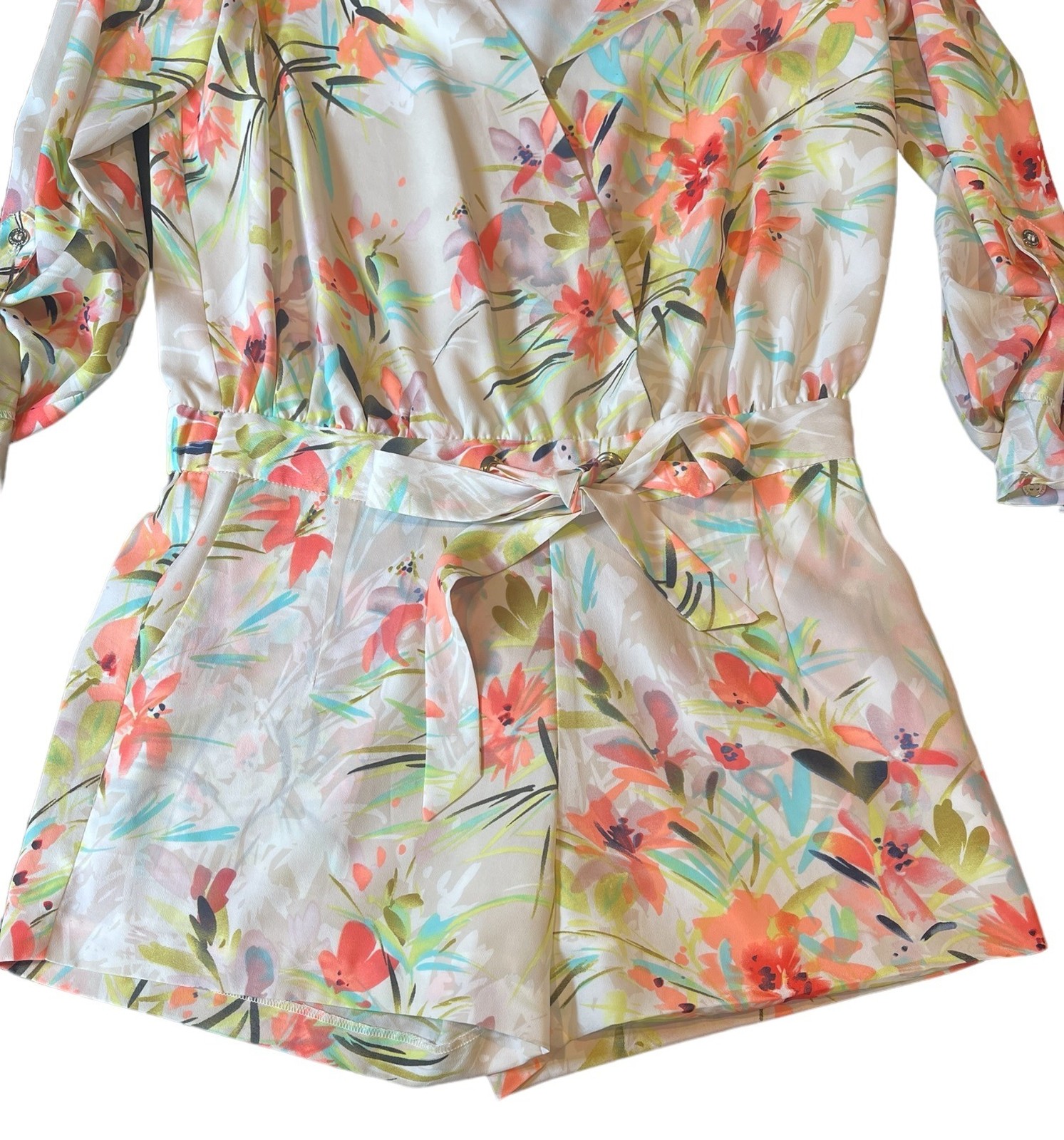 Y2K Marciano x Guess Botanica Floral Long-Sleeve V-Neckline Romper Shorts Sz 0