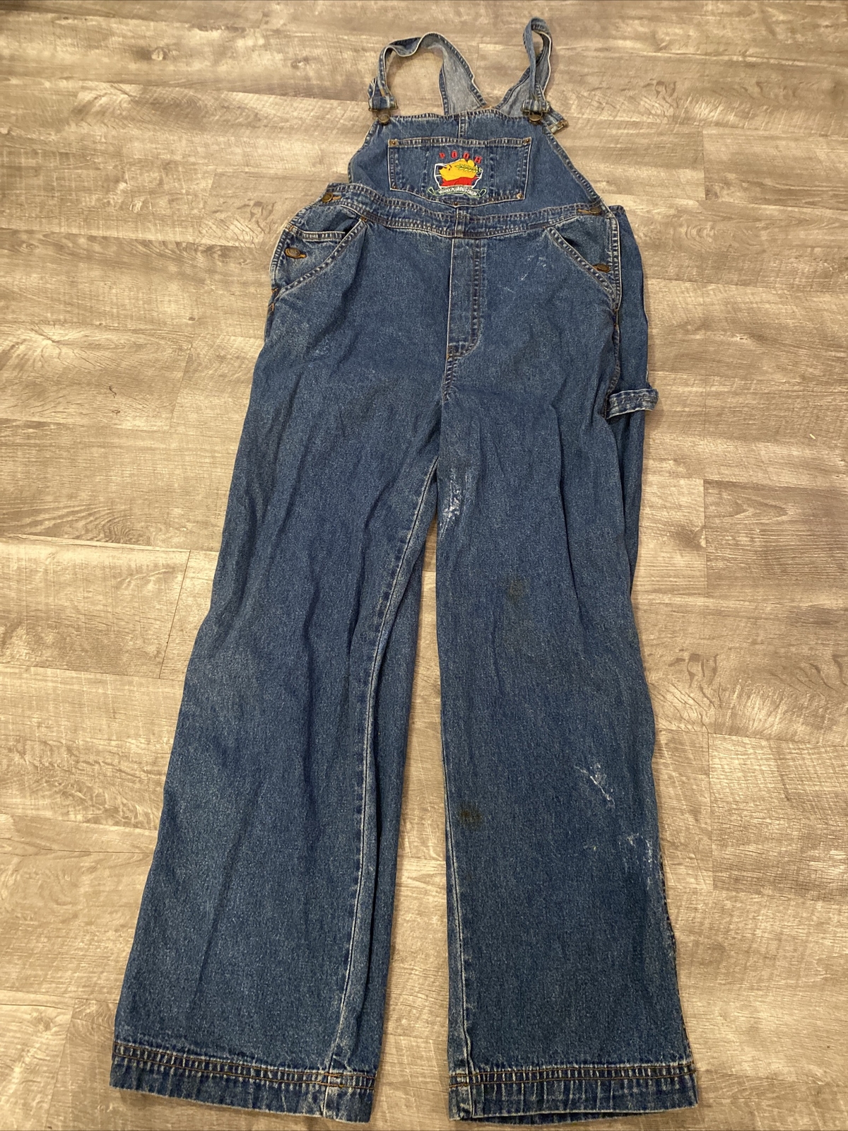 VTG Winnie The Pooh Hunny Size Medium Blue Jean Denim Overalls Distressed