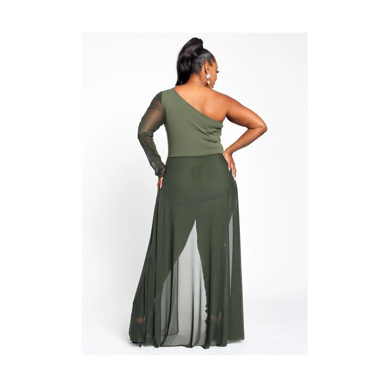 Women’s Green Solid One-Shoulder Long Sleeve Sheer Jumpsuit, 2XL Regular