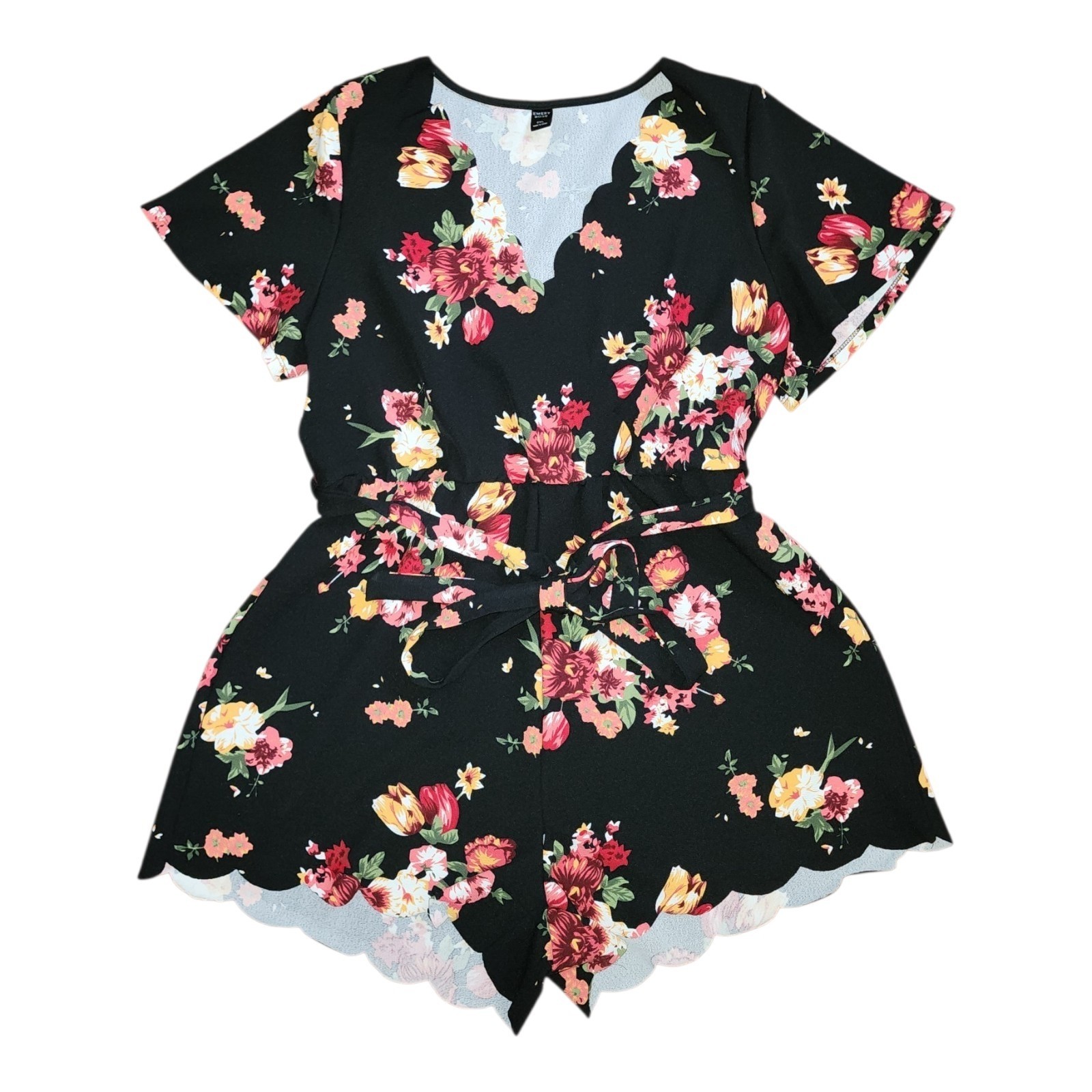 Emery Rose Scalloped Romper Plus Size 2XL Black Floral Tie Waist Summer Party