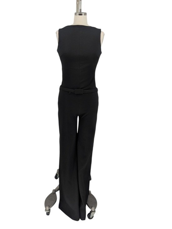 30108 Mango Boat Neck Wide Leg Jumpsuit Black size XSmall preppy Business casual
