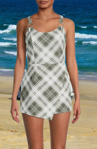 No Boundaries Junior’s Sleeveless Plaid Romper Size 2XL- 19 White/Olive NEW