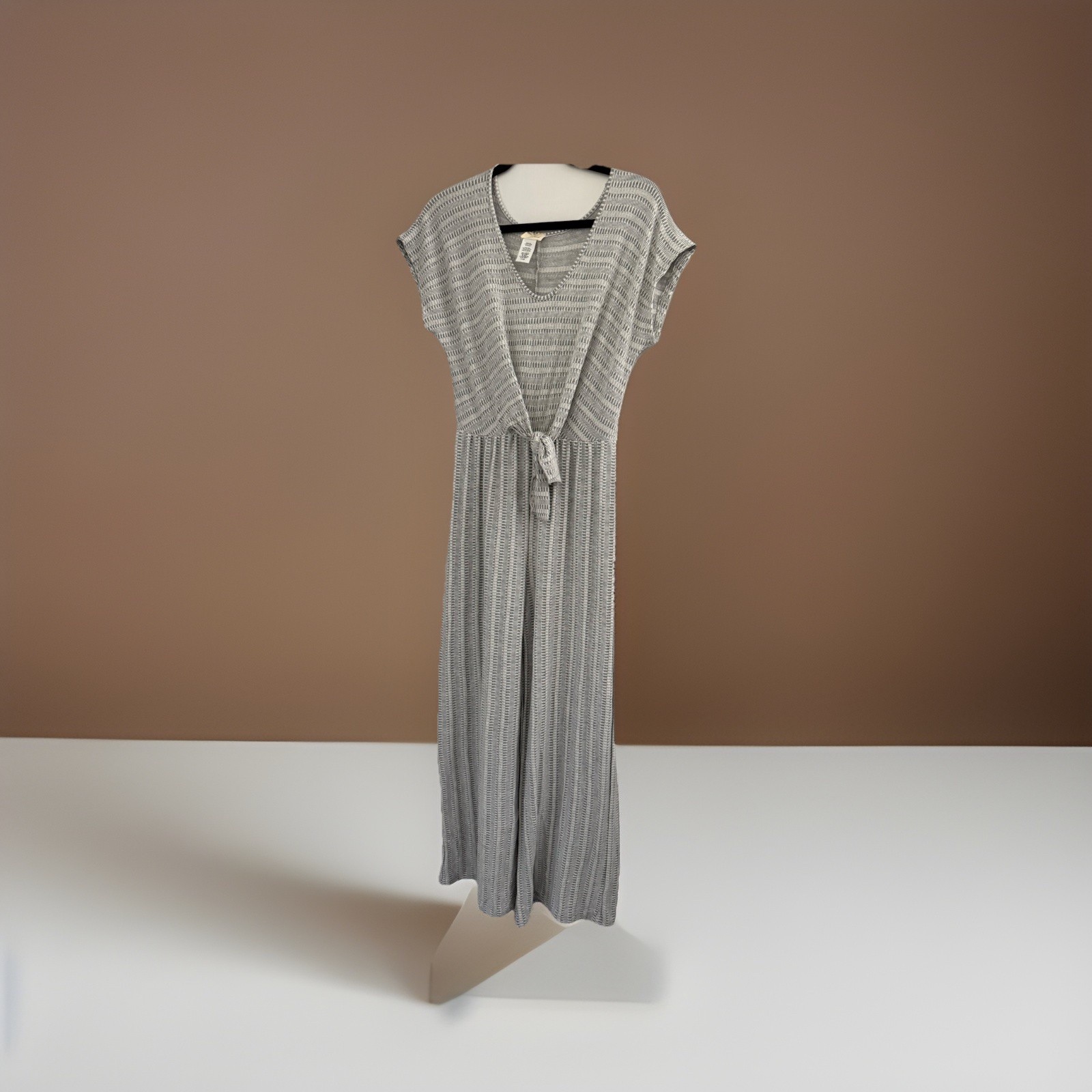 Jersey Knit Long Pant Romper Jumpsuit Grey & White Boho Wide Leg Size LG