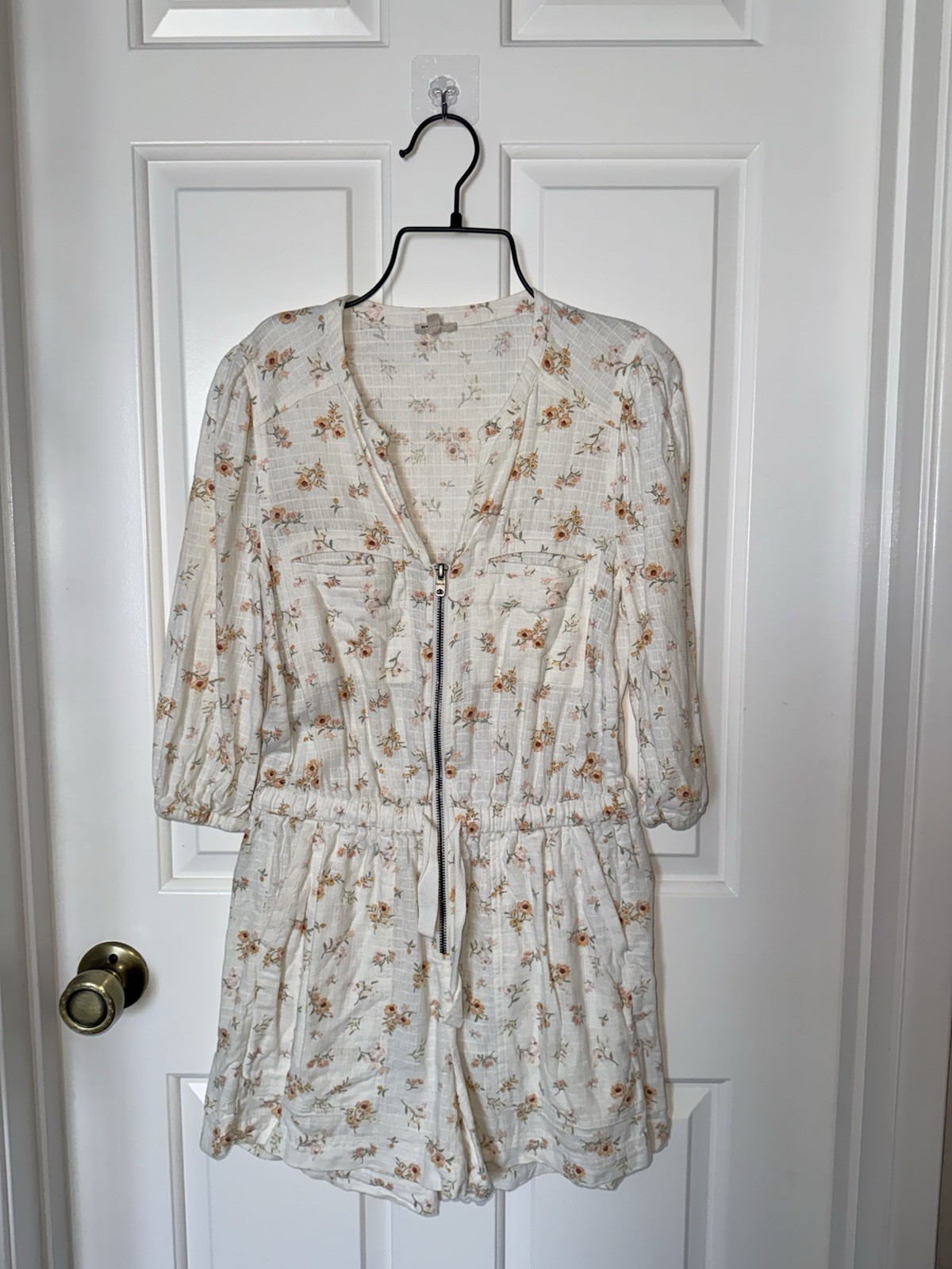 Splendid Womens Floral Zip Front V-Neck 3/4 Sleeve Romper Ivory XS
