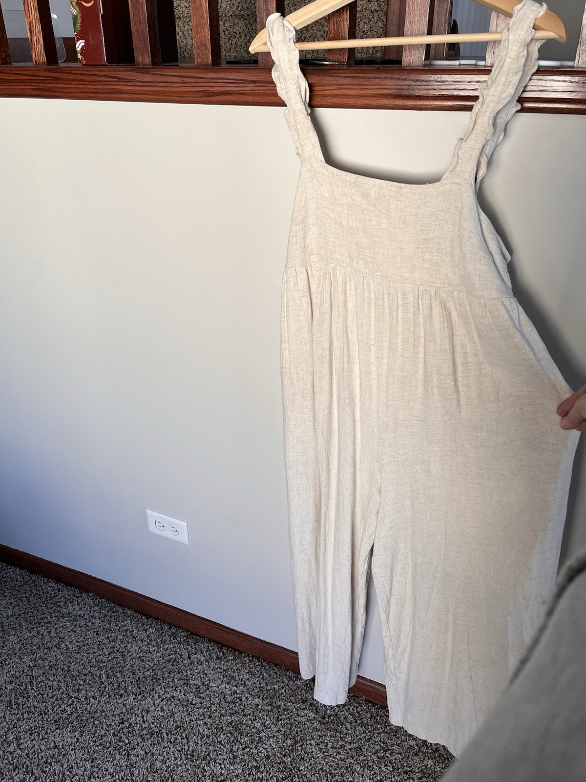 Mittoshop Womens Oatmeal Beige Ruffle Strap Wide Leg Linen Blend Jumpsuit L